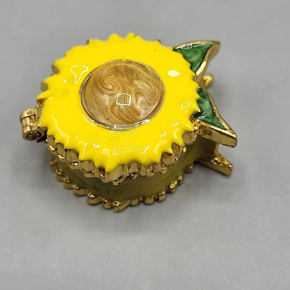 Work of Art Sunflower Trinket Pill Box Enamel Magnetic Shel Decor Gold Yellow